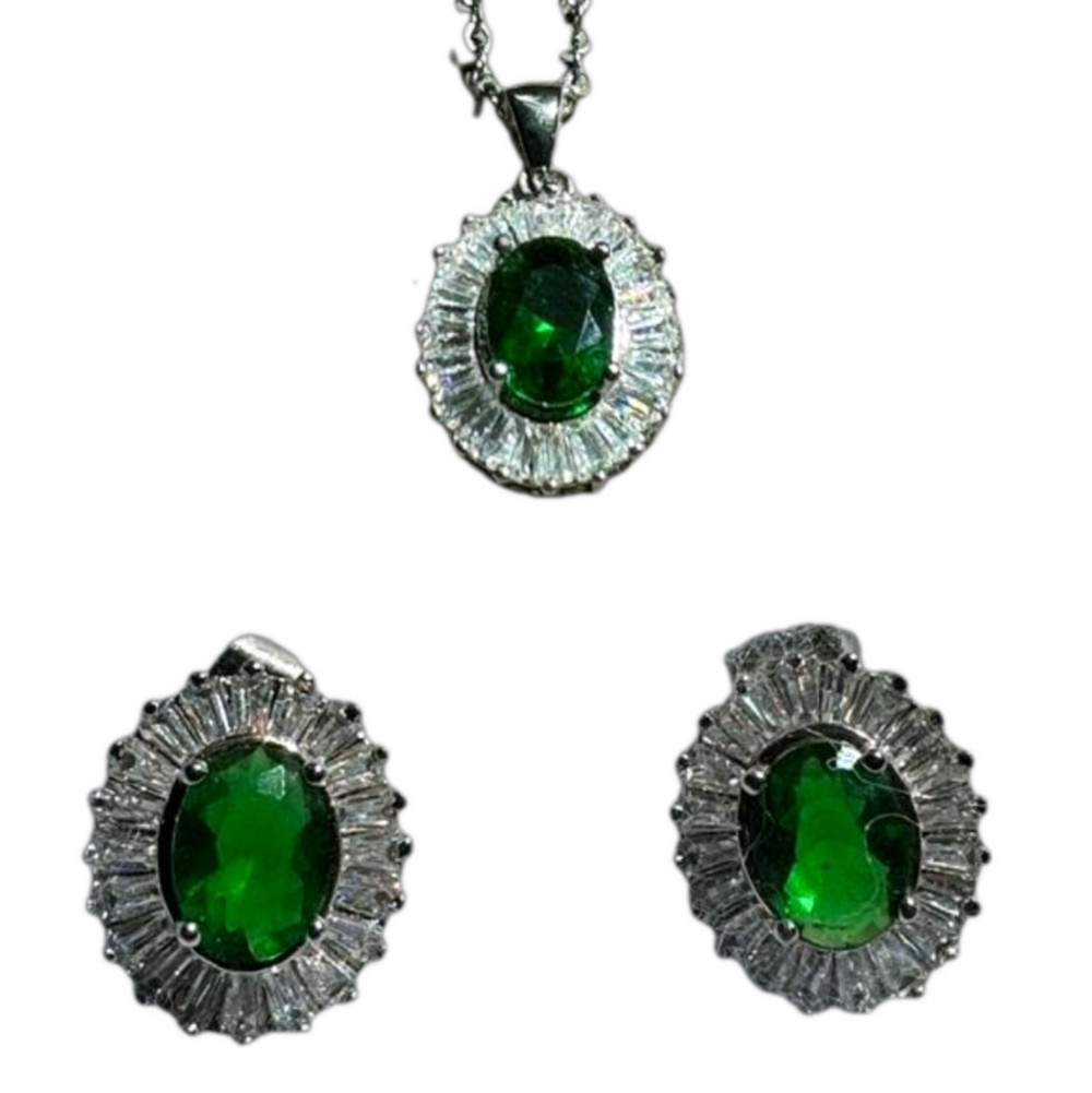 NWOT Stainless steel necklace (18”)and earrings with faux emerald & diamond.